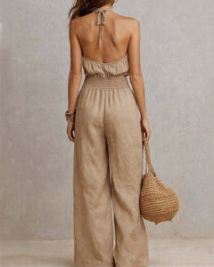 Dagny | Halter-Neck Smocked Linen Jumpsuit