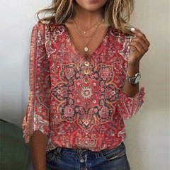 Mandy | Red Print V-Neck 3/4 Sleeve Top