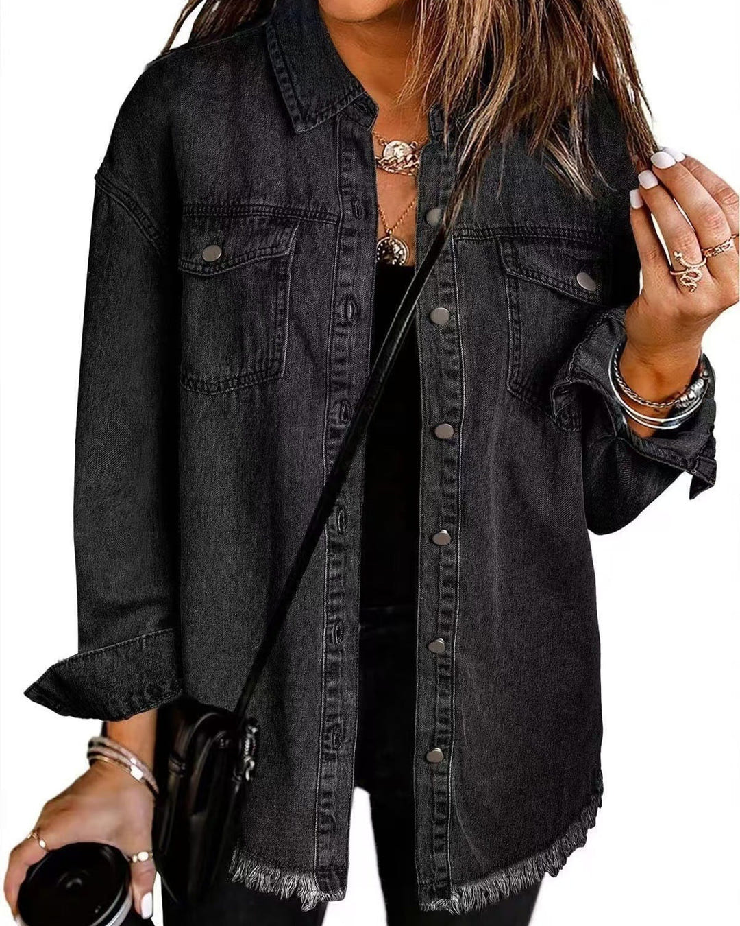 Hetty | Frayed-Hem Denim Shirt Jacket – Black