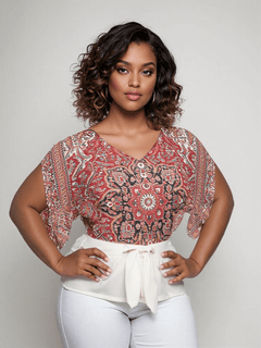 Mandy | Red Print V-Neck 3/4 Sleeve Top
