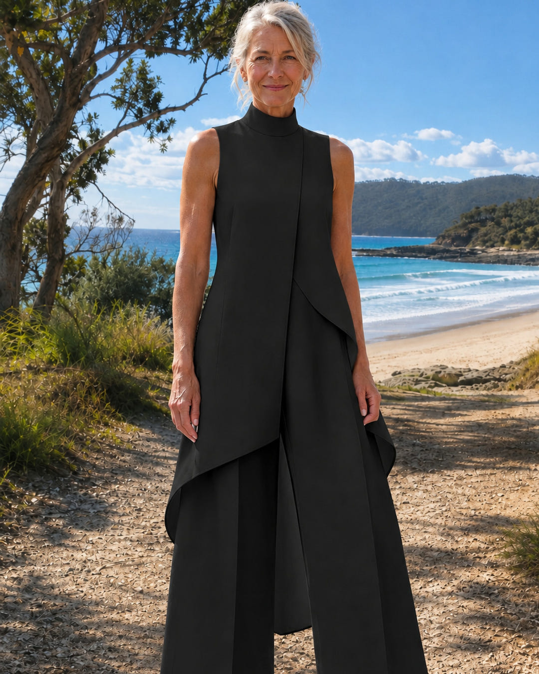 Sylvie | Asymmetric Layered Wide-Leg Jumpsuit on Bruny Island, Black colourway