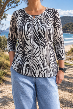Cara | Zebra-Print Three-Quarter Sleeve Blouse