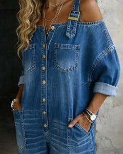 Frida | Off-Shoulder Denim Dungaree Jumpsuit