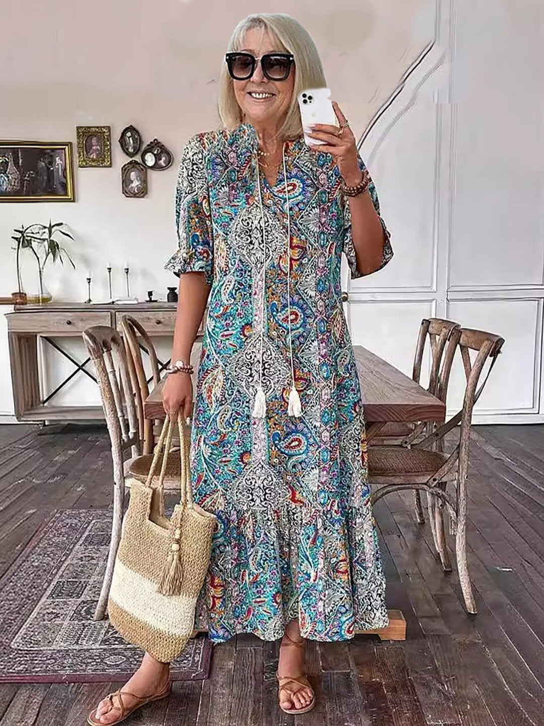 Roslyn | Boho Lace-Up Midi Dress