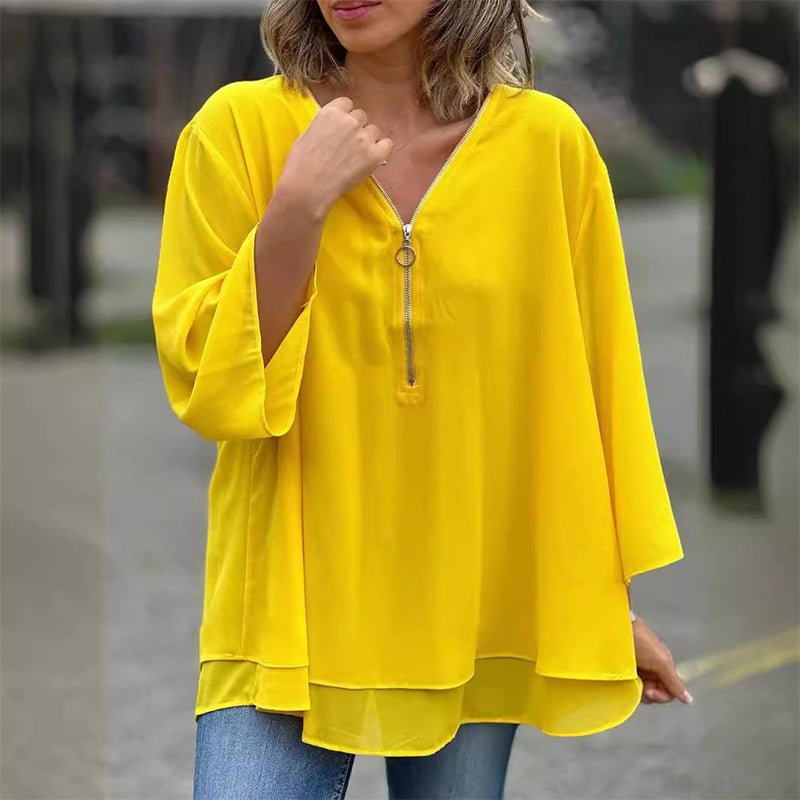 Ingrid | Flowy Chiffon Zip-Front Blouse