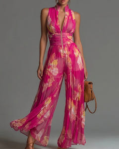 Vivi | Pleated Floral Halter Jumpsuit – Pink Floral
