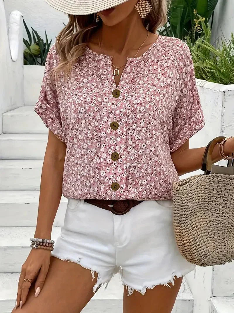 Dani | Wildflower Notch Blouse | Floral Short-Sleeve Blouse