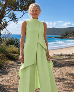 Sylvie | Asymmetric Layered Wide-Leg Jumpsuit on Bruny Island, Sage Green colourway