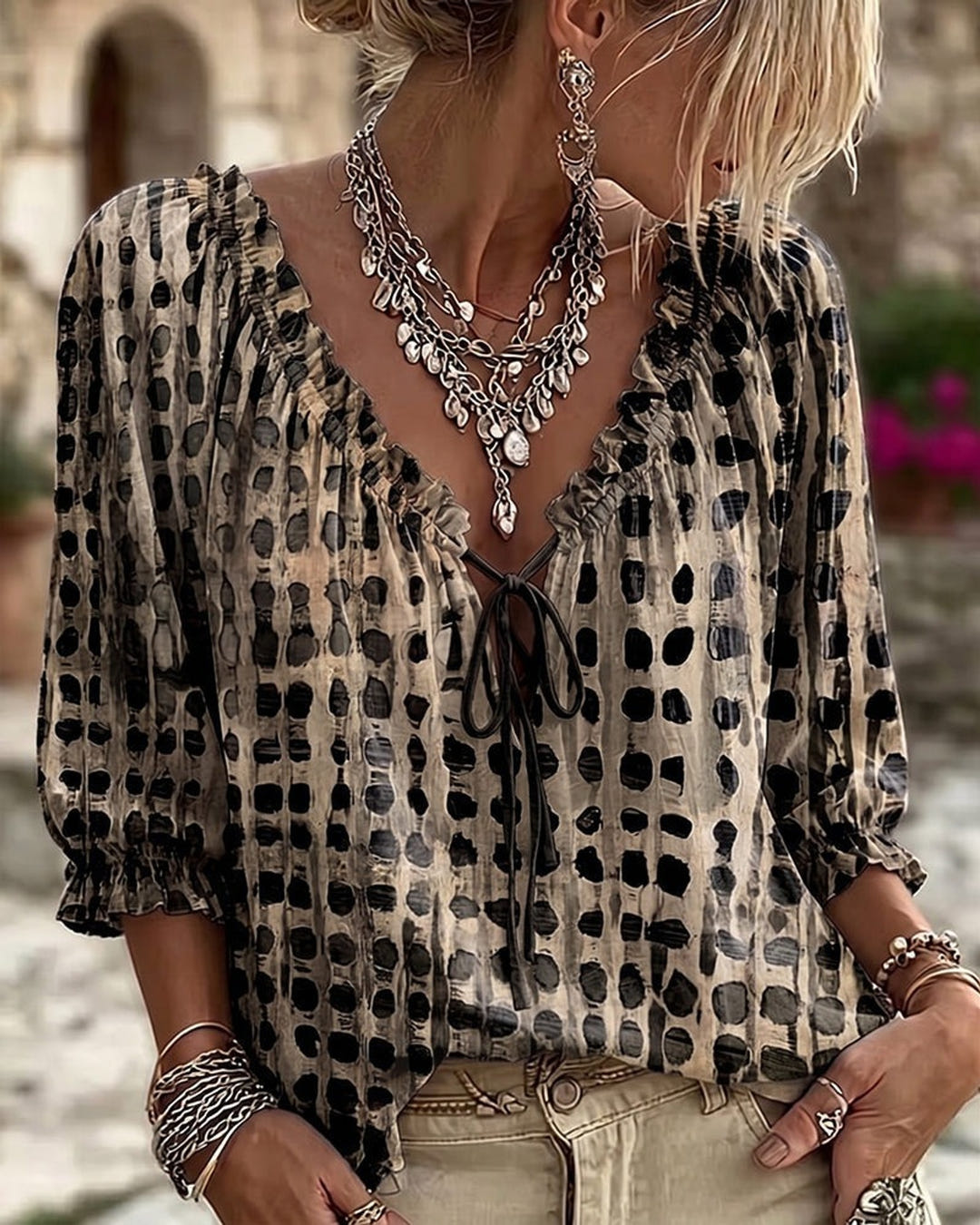 Mila | Boho Print Tie-Neck Blouse – Black