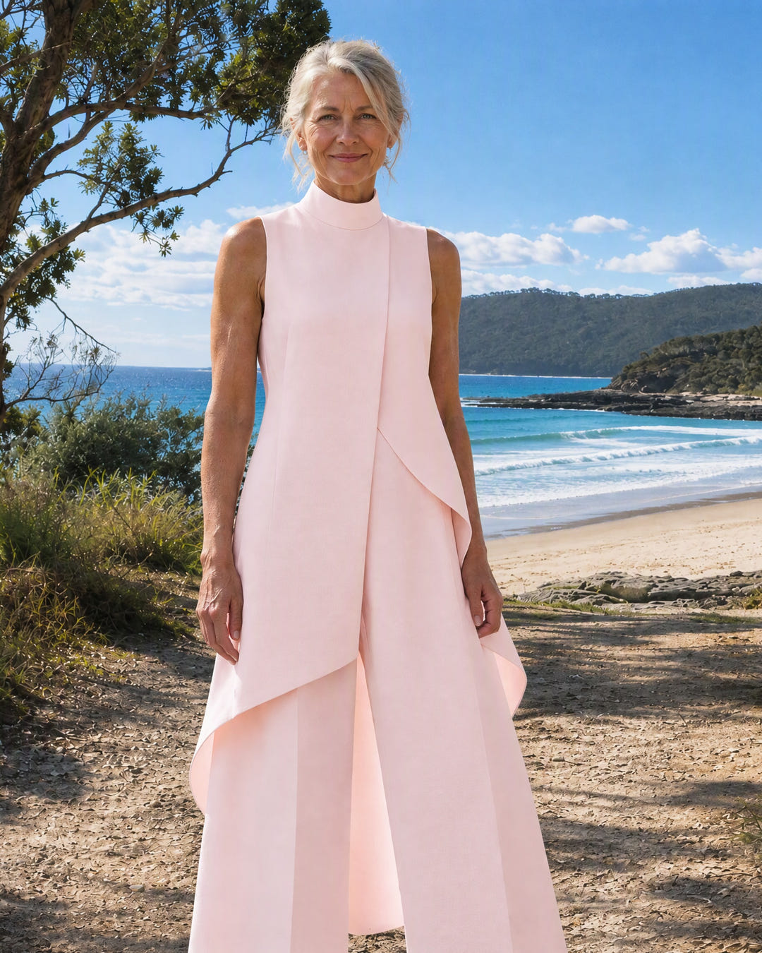 Sylvie | Asymmetric Layered Wide-Leg Jumpsuit on Bruny Island, Pink colourway