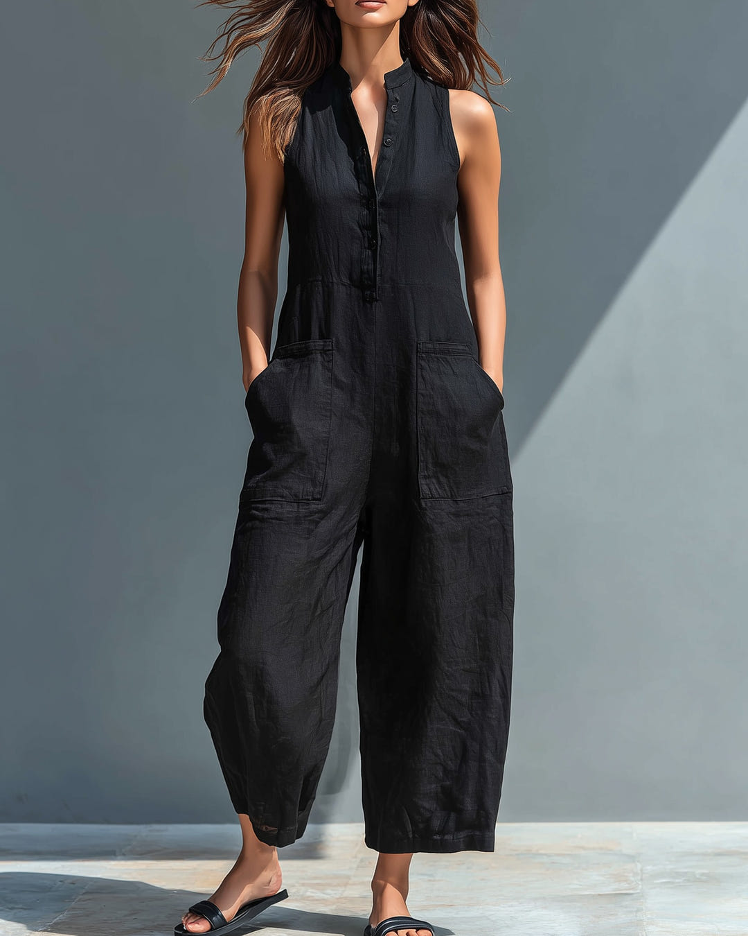 Dulcie | Sleeveless Button-Front Linen Jumpsuit – Black