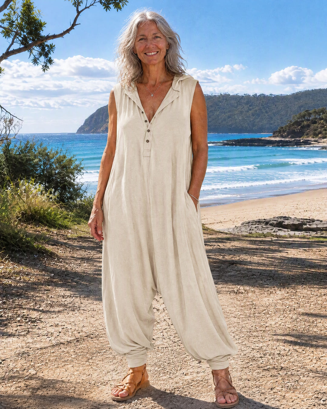 Rae | Casual Hooded Harem Jumpsuit on Bruny Island, Apricot colourway