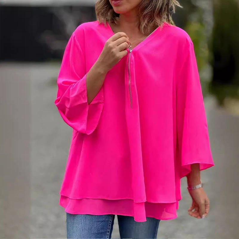 Ingrid | Flowy Chiffon Zip-Front Blouse