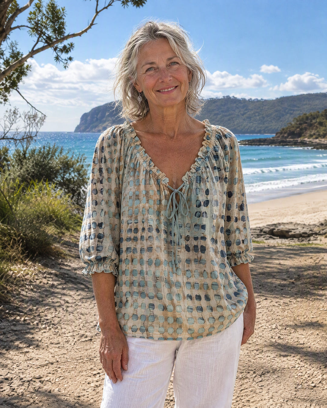Mila | Boho Print Tie-Neck Blouse on Bruny Island
