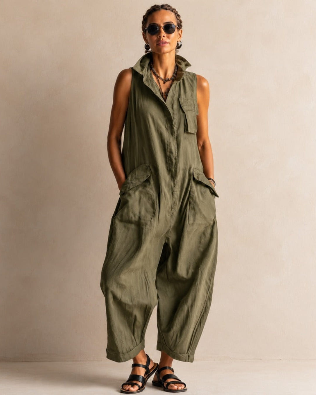 Marlo | Utility Pocket Linen Jumpsuit – Olive