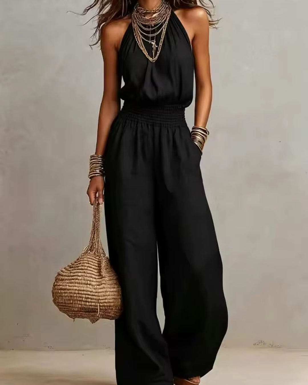 Dagny | Halter-Neck Smocked Linen Jumpsuit – Black