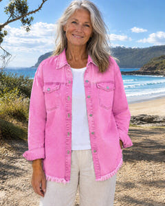 Hetty | Frayed-Hem Denim Shirt Jacket on Bruny Island, Pink colourway