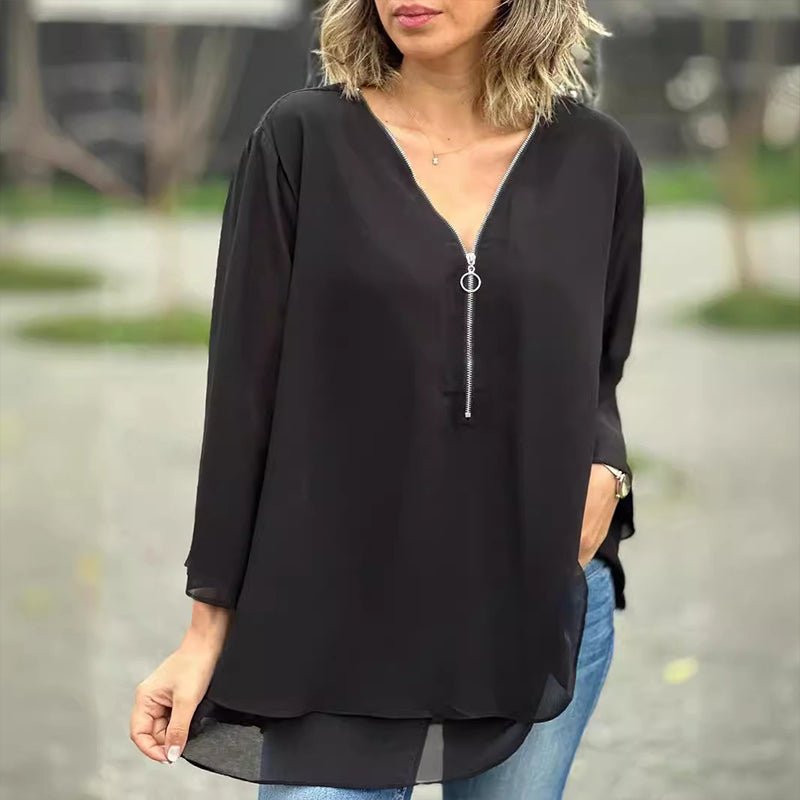 Ingrid | Flowy Chiffon Zip-Front Blouse