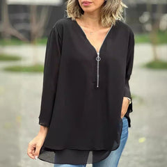 Ingrid | Flowy Chiffon Zip-Front Blouse