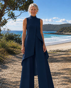 Sylvie | Asymmetric Layered Wide-Leg Jumpsuit on Bruny Island, Navy colourway