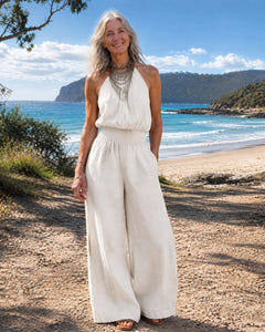 Dagny | Halter-Neck Smocked Linen Jumpsuit on Bruny Island, White colourway