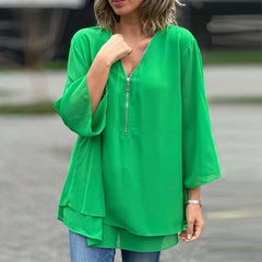 Ingrid | Flowy Chiffon Zip-Front Blouse