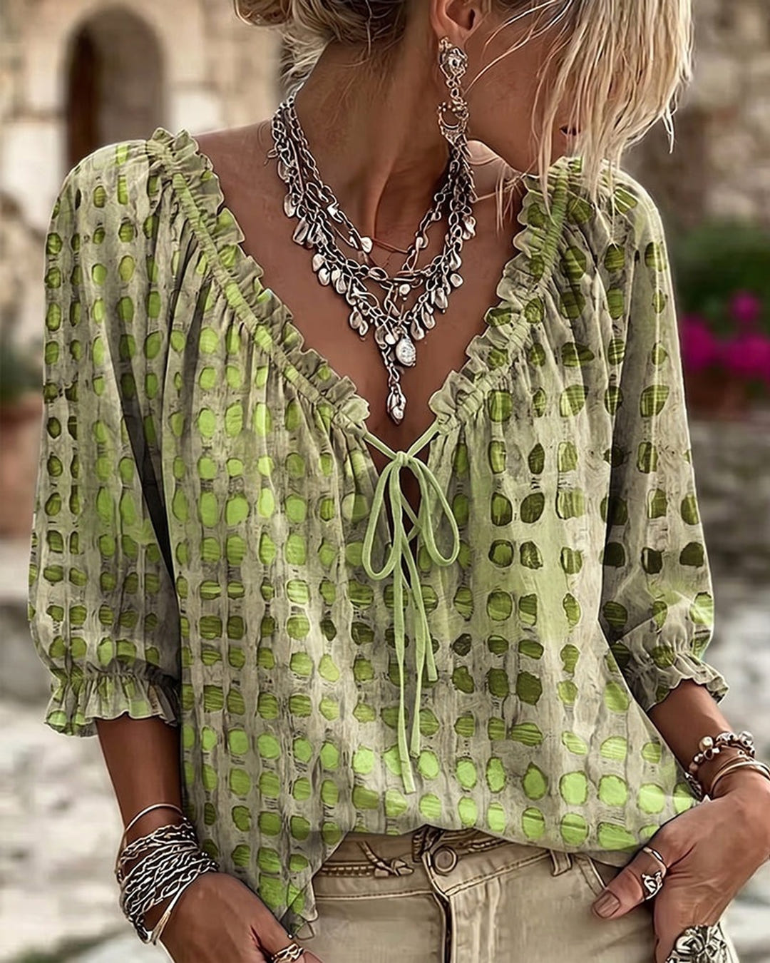 Mila | Boho Print Tie-Neck Blouse – Green