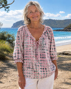 Mila | Boho Print Tie-Neck Blouse on Bruny Island, Pink colourway