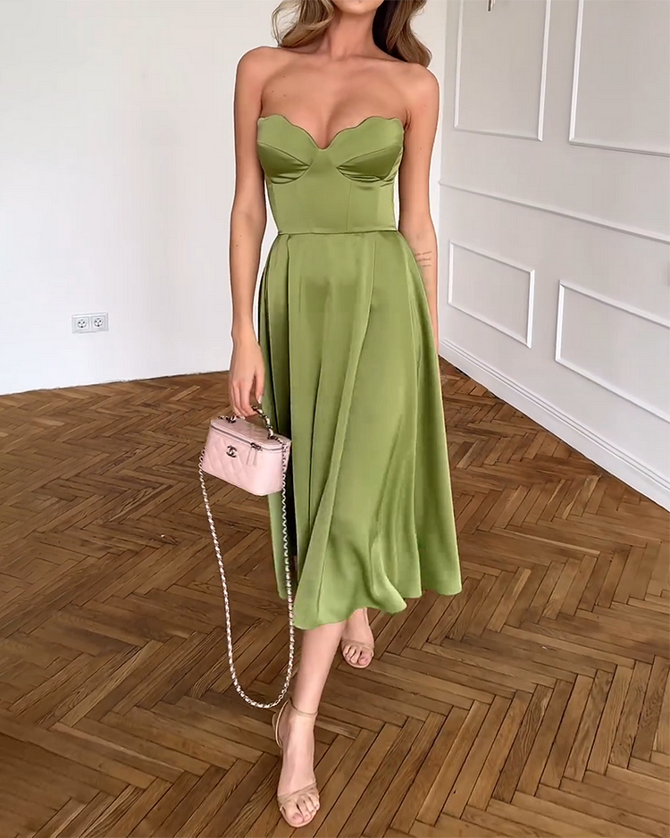 Delia | Strapless Silk Midi Dress