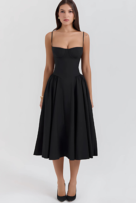 Ella | Corseted Midi Dress With Flowing Skirt