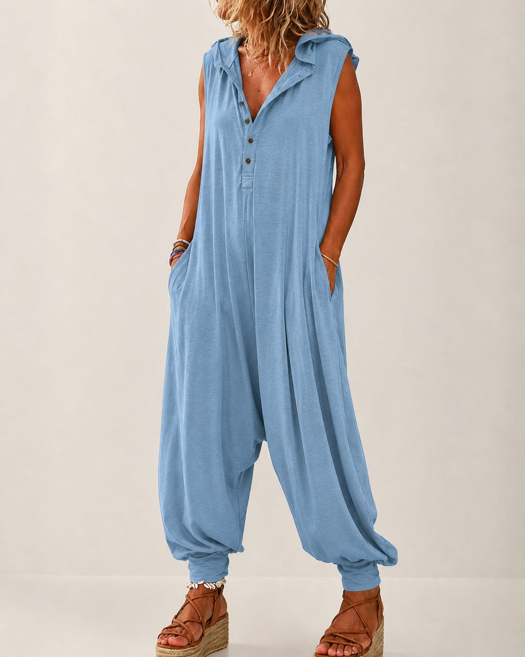 Rae | Casual Hooded Harem Jumpsuit – Sky Blue