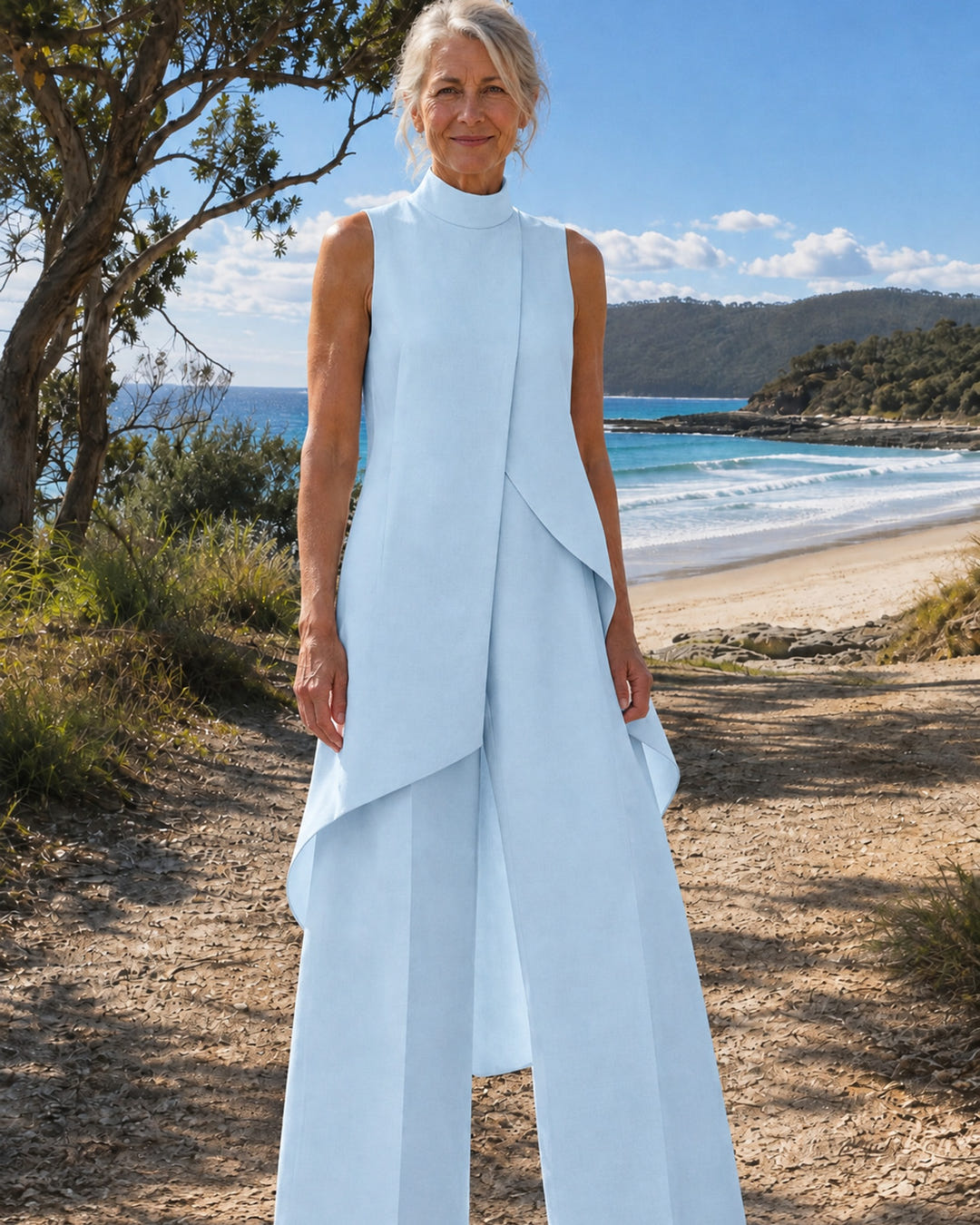 Sylvie | Asymmetric Layered Wide-Leg Jumpsuit on Bruny Island, Light Blue colourway