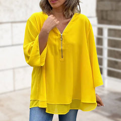 Ingrid | Flowy Chiffon Zip-Front Blouse