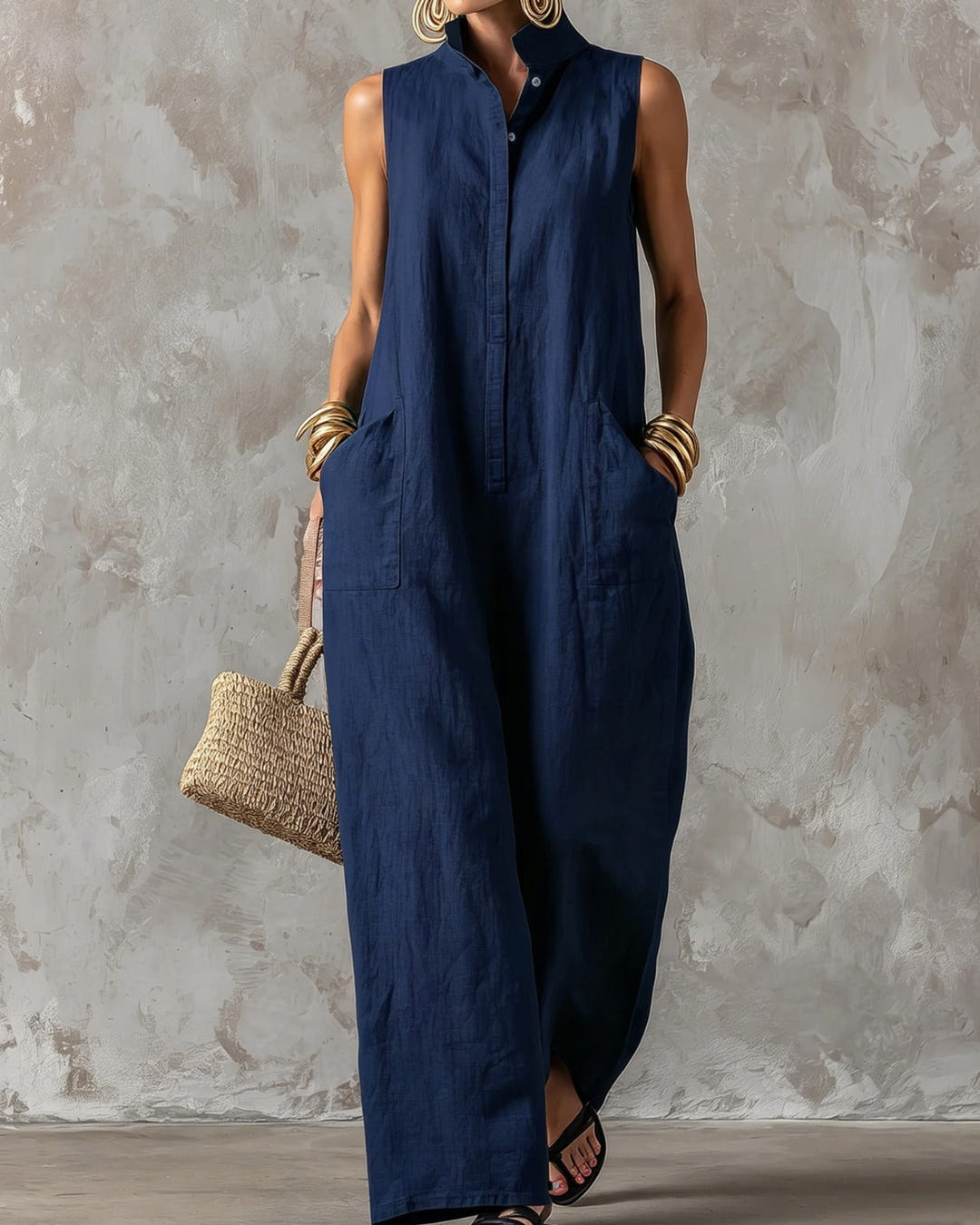 Essie | Minimalist Wide-Leg Linen Jumpsuit – Navy Blue
