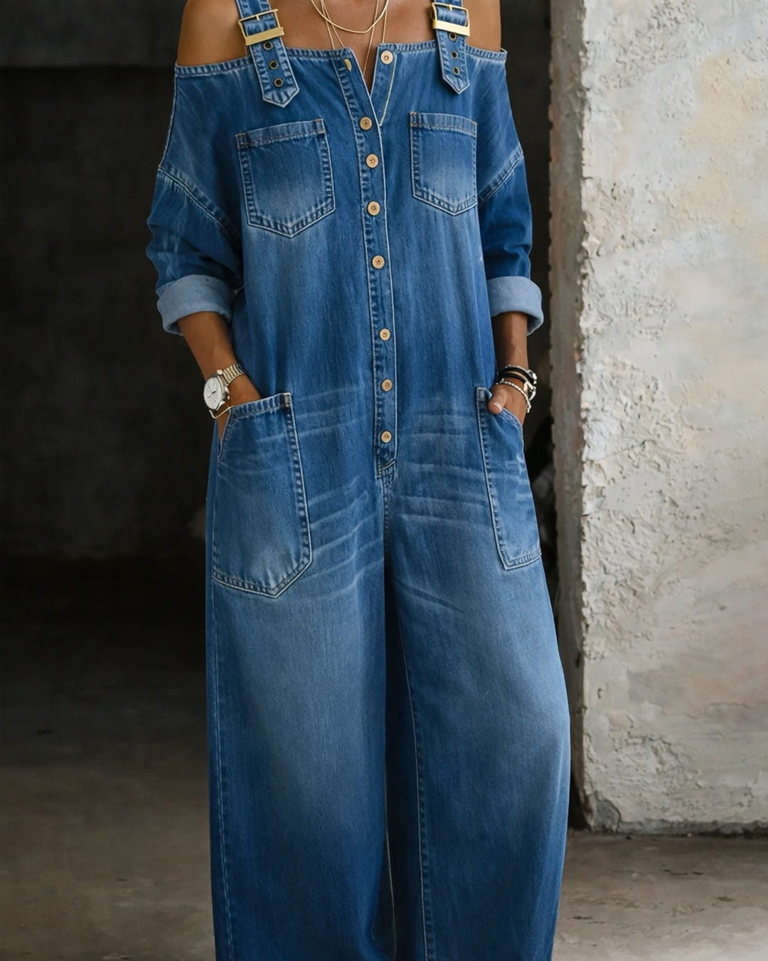 Frida | Off-Shoulder Denim Dungaree Jumpsuit – Mid Blue Denim