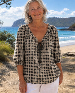 Mila | Boho Print Tie-Neck Blouse on Bruny Island, Black colourway