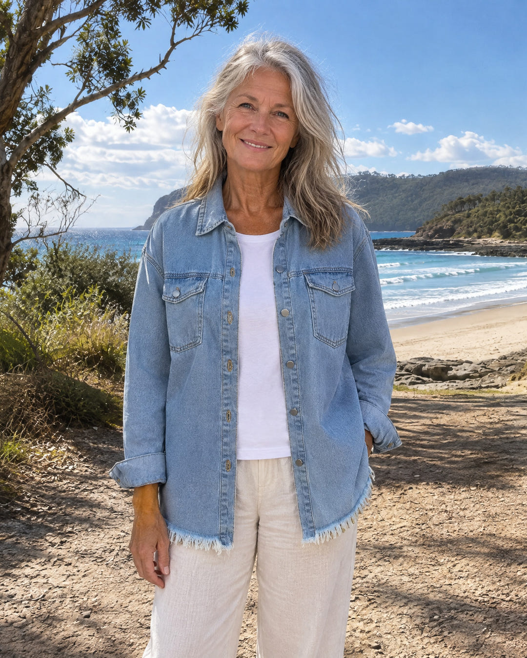 Hetty | Frayed-Hem Denim Shirt Jacket on Bruny Island