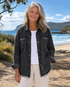 Hetty | Frayed-Hem Denim Shirt Jacket on Bruny Island, Black colourway