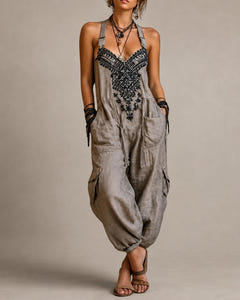 Mae | Embroidered Boho Dungaree Jumpsuit – Grey