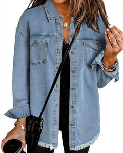Hetty | Frayed-Hem Denim Shirt Jacket – Light Blue