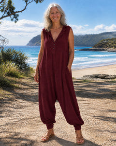 Rae | Casual Hooded Harem Jumpsuit on Bruny Island, Red colourway