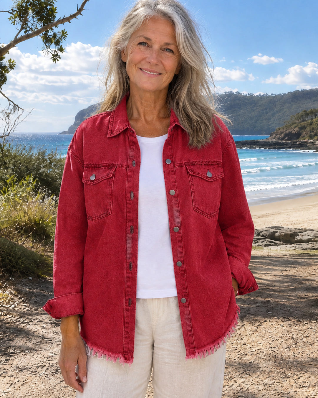 Hetty | Frayed-Hem Denim Shirt Jacket on Bruny Island, Red colourway