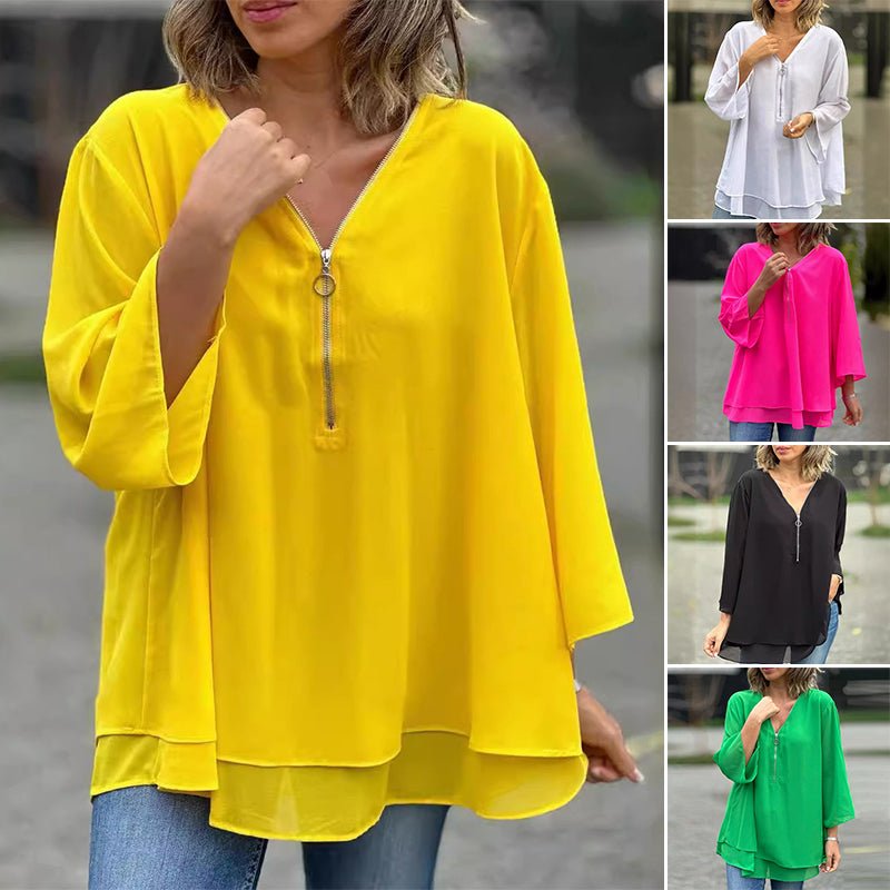 Ingrid | Flowy Chiffon Zip-Front Blouse