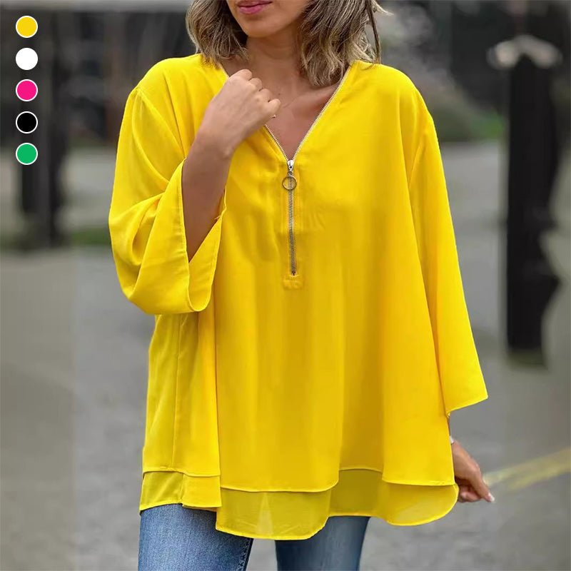 Ingrid | Flowy Chiffon Zip-Front Blouse