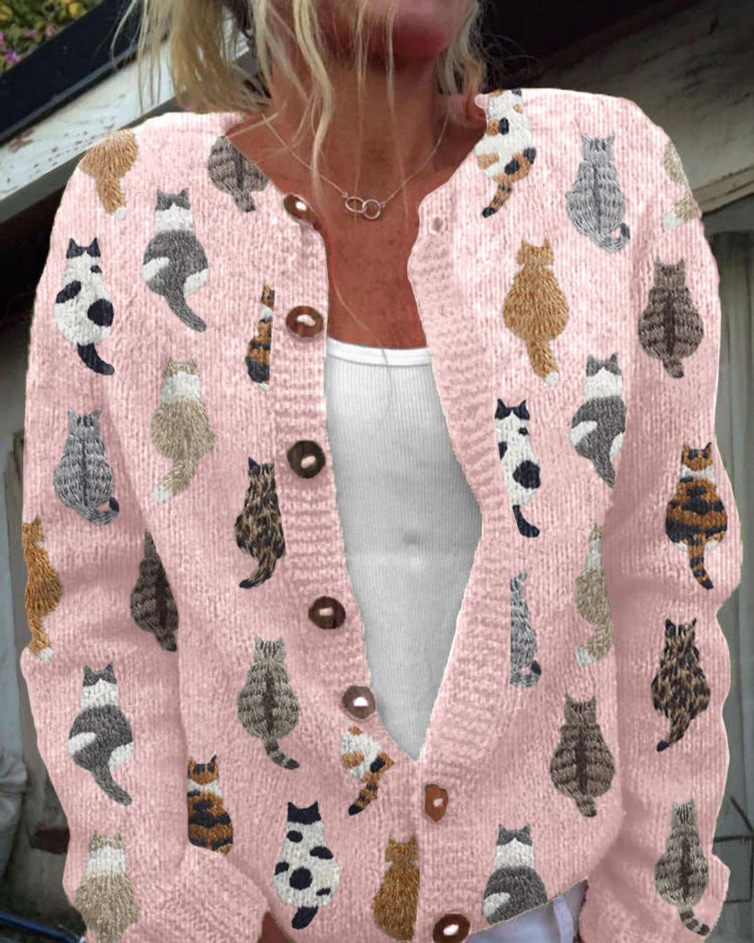 Lulu | Cat Print Button Cardigan – Pink