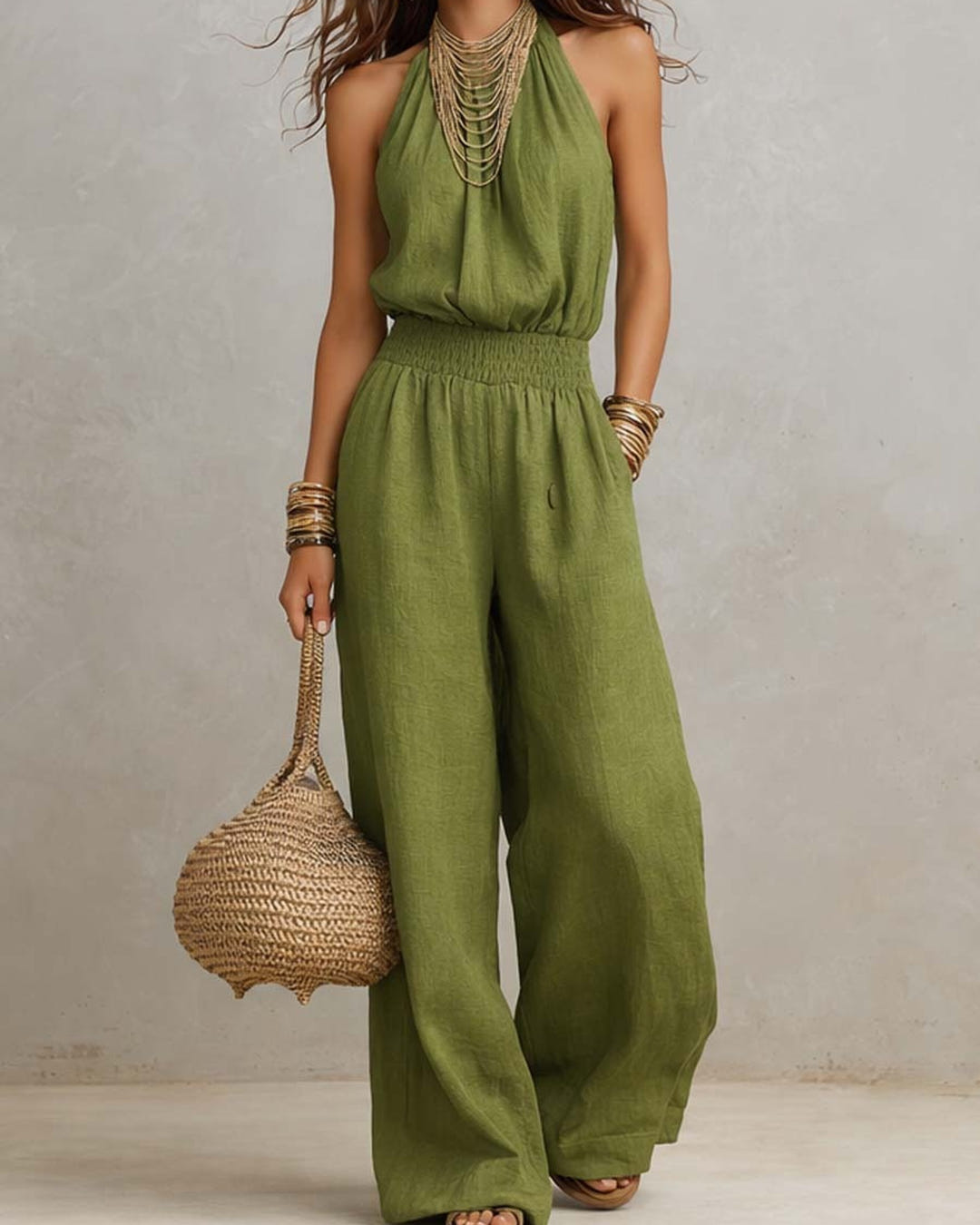 Dagny | Halter-Neck Smocked Linen Jumpsuit – Green