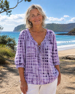 Mila | Boho Print Tie-Neck Blouse on Bruny Island, Lilac colourway