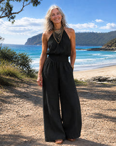 Dagny | Halter-Neck Smocked Linen Jumpsuit on Bruny Island, Black colourway