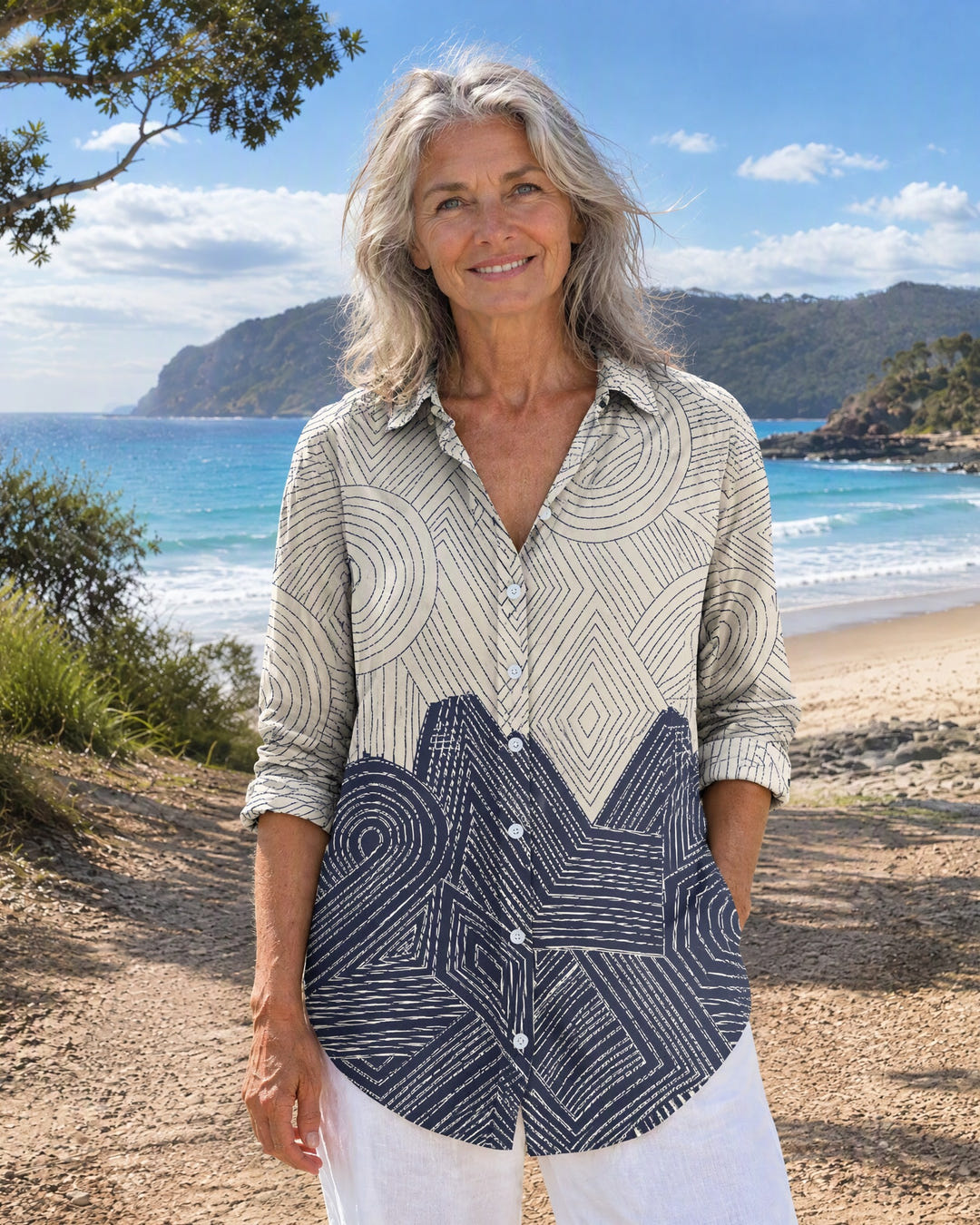 Zadie in Navy Geometric on Bruny Island