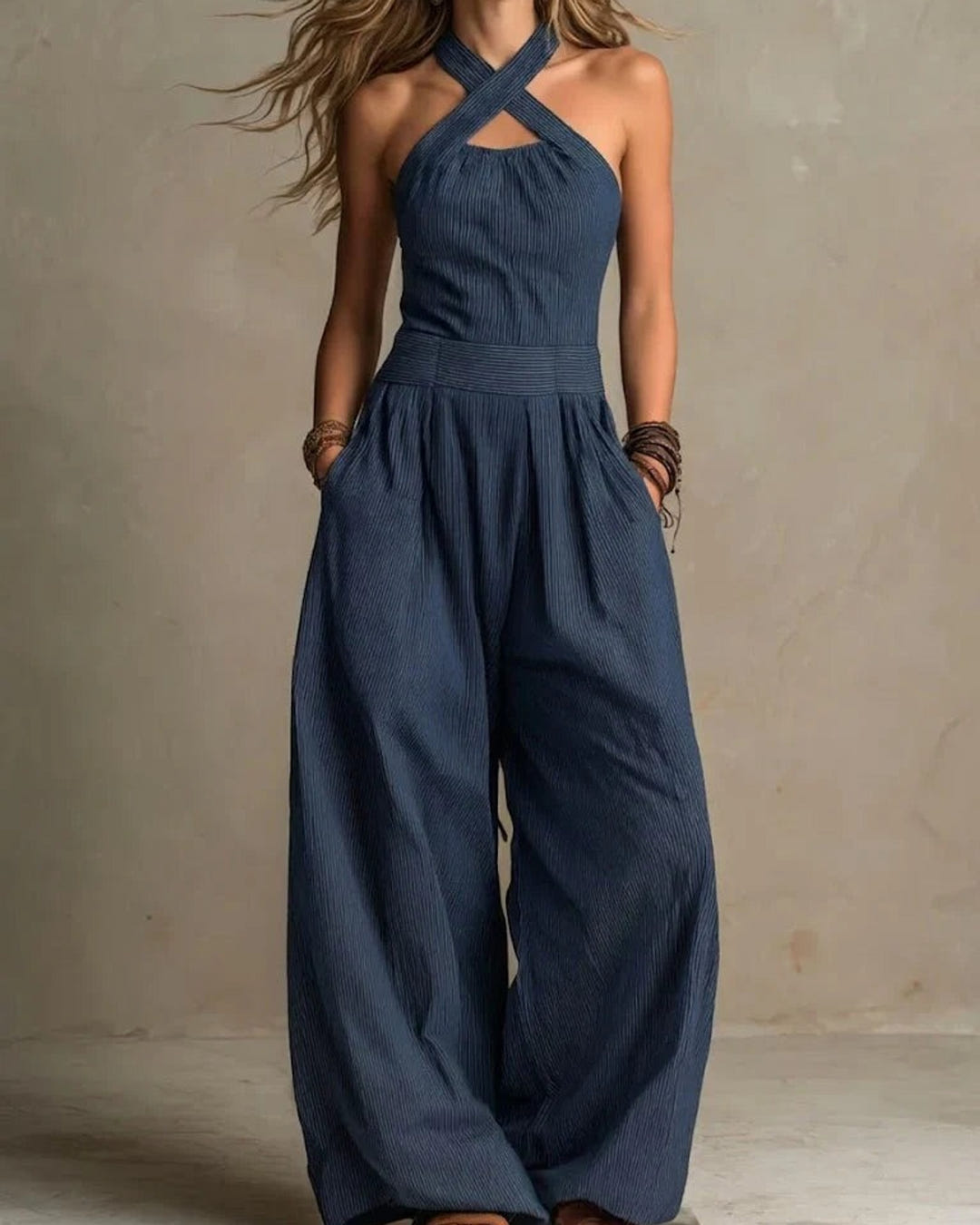 Britta | Cross-Neck Wide-Leg Jumpsuit – Navy Blue